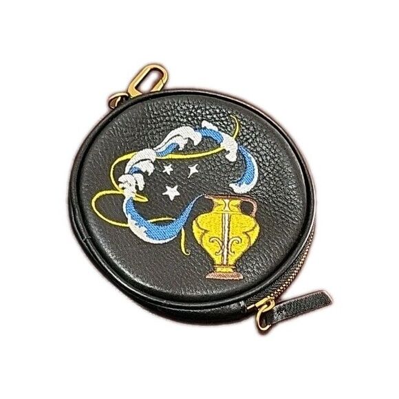 Hobo Intl Black Leather zodiac Star Sign Aquarius Pouch W/ Dogclip EUC - Picture 5 of 7